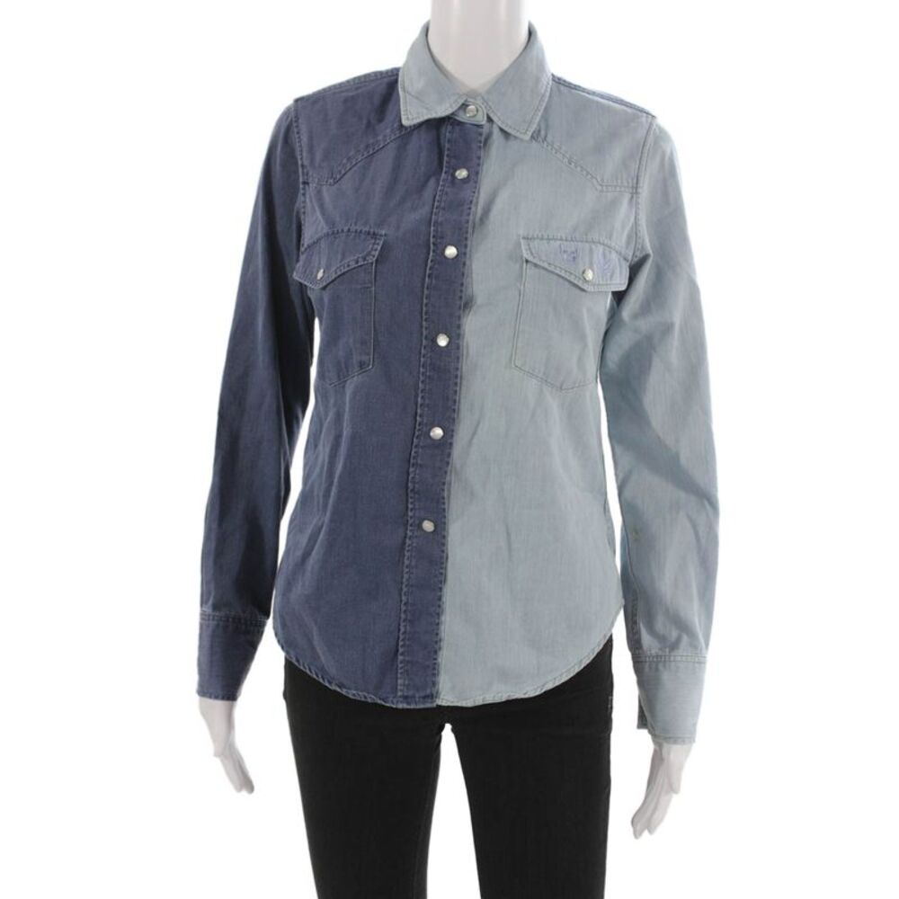 Lucien Pellat-Finet Women Blue Cotton Button Up Collared Long Sleeve Top Size S